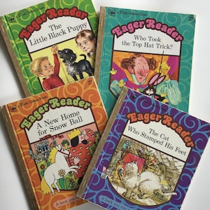1974 Set of 4 Eager Reader Books Little Golden Book Children's Book, Black Puppy, Snow Ball, Cat Who Stamped, Top Hat Trick