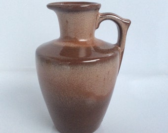 1965-1980 Frankoma Pottery 5" Pitcher 10 oz Jug in Brown Satin Glaze, Frankoma 838 bud vase made with red Sapulpa clay in creamy cocoa brown