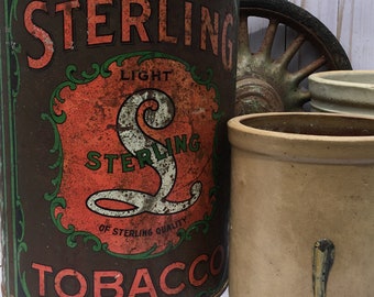 early 1900's Sterling Tobacco antique advertising tin by Spaulding & Merrick, counter display, rustic, tobacciana, cabin decor  MISSING LID