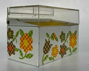 retro 1970's floral recipe box with gingham checked flowers & clear lid by J Chein made in USA vintage kitchen home storage