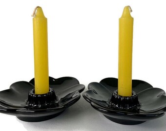 1970's Frankoma dogwood candlestick holder pair or trinket tray in onyx glaze, mold 300, nature inspired made in Oklahoma art pottery
