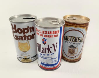 1970's beer can set of 3 vintage steel side 12 oz cans with pull tab openings Hop'n Gator MetBrew & Mark V Pittsburgh Brewing and Metropolis