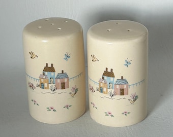 1980's Heartland salt & pepper with country farmhouse scene vintage 3 5/8" tall shakers