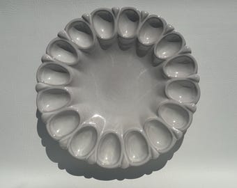 1970's vintae Frankoma egg plate with scalloped edge in white sand glaze Frankoma 819 made in Oklahoma pottery serving platter holds 16 eggs