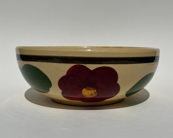 vintage 1950's Watt pottery Old Pansy 6" bowl hand painted with flower & two leaves No 52 serving dish with black band at rim