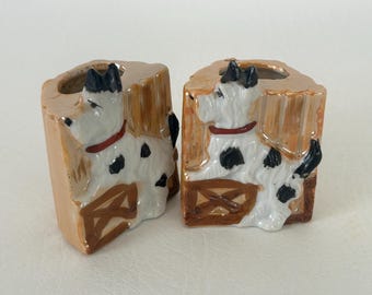 1960's lusterware spotted terrier toothpick holder pair vintage made in Japan iridescent lusterware with dog