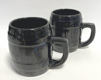 vintage 1950's set of 2 Ada clay Frankoma barrel mugs 97M coffee or tea cups with textured wood & band design in onyx glaze Oklahoma pottery