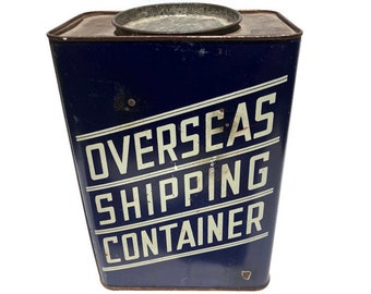 vintage 1940's-1950's overseas shipping container metal tin with lid mid century postal collectible 8 1/2" tall nostalgic decor storage box