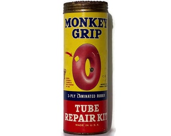 1950's Monkey Grip tin with bright graphics & monkey wearing Moco service station hat retro man cave vintage advertising gift for him EMPTY