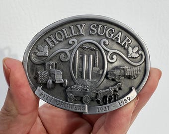 1989 Holly Sugar belt buckle limited edition commemorating western US beet growers with 3D tractor truck horse & wagon by Melissa Cowan
