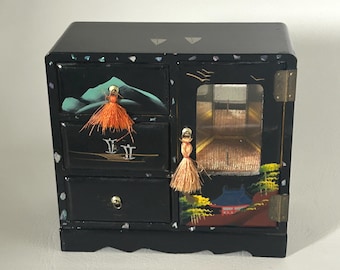 1950's Japan black lacquer jewelry music box vintage miniature chest trinket box Does NOT WORK, MISSING Dancer
