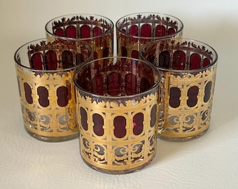 1960's set of 5 Culver glass cranberry scroll glasses vintage barware with gold trim mid century rocks glass