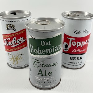 1970&#39;s beer can set of 3 vintage steel side 12 oz cans with pull tab openings Huber Premium Old Bohemian Cream Ale & Topper Pilsener