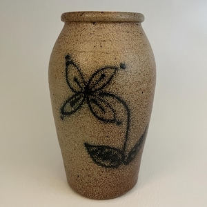vintage Westmoore Pottery salt glazed stoneware vase with cobalt flower 9 1/8&quot; tall crock made in North Carolina