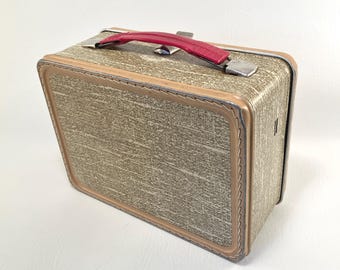 original 1950's metal lunch box vintage tweed suitcase style with faux stitching & red plastic handle - NO THERMOS
