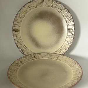 1970's set of 2 Frankoma 10" plates in earthy desert gold glaze Frankoma 7FL Mayan Aztec dinnerware made in Oklahoma pottery
