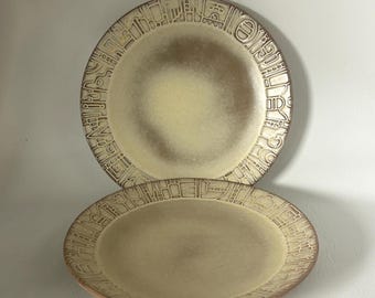 1970's set of 2 Frankoma 10" plates in earthy desert gold glaze Frankoma 7FL Mayan Aztec dinnerware made in Oklahoma pottery