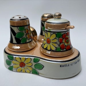 1950&#39;s lustreware salt & pepper with mustard jar spoon and carrier caddy vintage made in Japan condiment set Eagle River Wisconsin souvenir