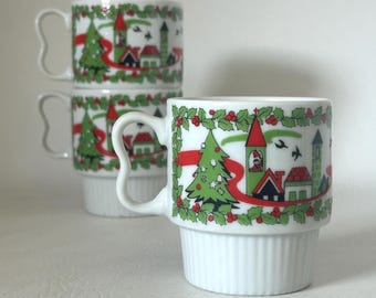 1960's set of 3 Christmas mugs vintage stacking coffee cups with doves church & bells