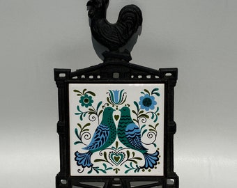 1970's rooster trivet with partridge love bird pair vintage cast metal framed ceramic tile hot plate or wall hanging