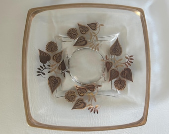 1960's 8 3/4" Georges Briard serving tray with gold trimmed leaf & vine design vintage mid century glass snack dish