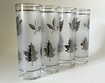 1970's set of 4 Libbey silver foliage Tom Collins glasses vintage silver leaf barware