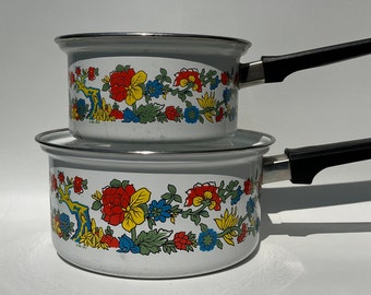 1970's set of 2 floral enamelware pans, saucepans with tree & flower garland, retro kitchen enamel ware, mod flower power cook ware, NO LIDS
