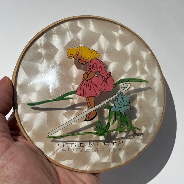 vintage 1950's plastic bubble glass reverse painted Little Bo Peep nursery rhyme picture by Peter Watson's Studio