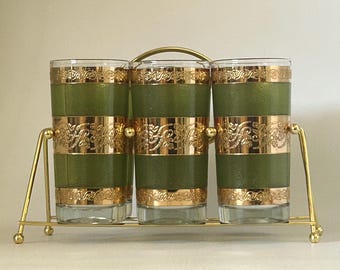 1960's set of 6 Starlyte glasses with caddy vintage green & gold barware