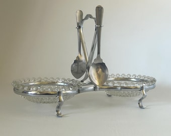 1970's relish tray set with spoons vintage glass condiment bowls with silver metal serving stand double jam server