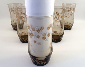 1970's set of 5 Libbey strawflower or crazy daisy glass tumblers vintage 5 1/2" tall tawny brown glasses with orange & white daisies