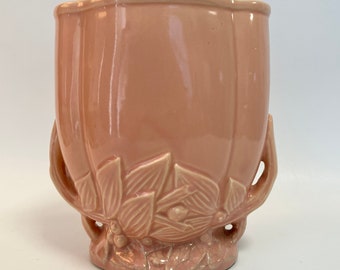 vintage 1940's McCoy leaves & berries vase art pottery textured planter or flower pot with leaf and berry design nature inspired home decor