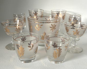 9 piece group of Libbey golden foliage glassware vintage gold leaf barware ice bucket 2 champagne 2 old fashioned 2 water & 2 juice glasses