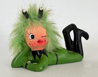 1960's Enesco moon girl figurine vintage green martian girl with furry hair & rhinestone accents