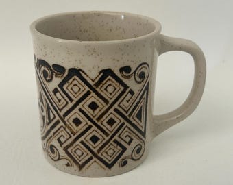 1970s speckled stoneware coffee mug with mod graphics vintage made in Japan tea cup