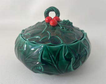 1970's Christmas Lefton Hollyberry candy dish with lid vintage holly leaf & berry jar 1361