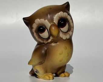 1970's Josef Originals owl figurine vintage earthy brown & golden yellow 3 3/4" tall adorable ceramic owl made in Japan knickknack