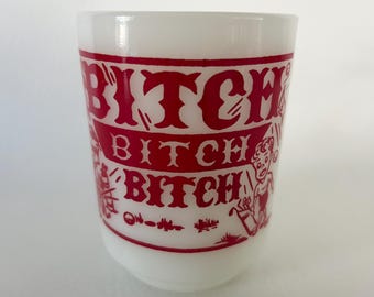 1970's Fire King Bitch mug vintage Anchor Hocking milk glass golf cartoon coffee cup signed MAFCO USA '73 quirky adult humor mug