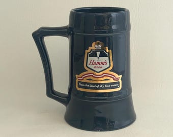 1960's Hamm's beer stein with gold trim vintage cobalt blue pottery beer mug with crown shield logo HAS CONDITION ISSUES