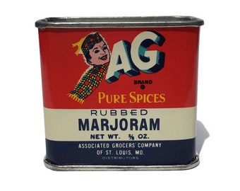 circa 1950's Associated Grocers Marjoram Spice Tin with Lift Off Lid, AG spice container, vintage Food Advertising