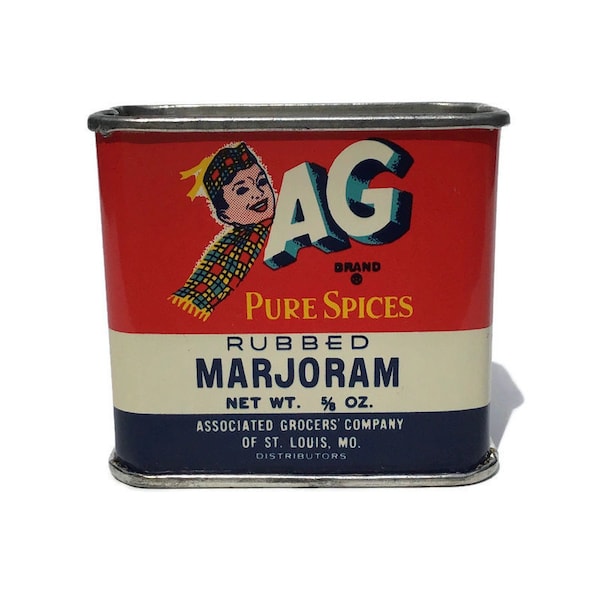 circa 1950's Associated Grocers Marjoram Spice Tin with Lift Off Lid, AG spice container, vintage Food Advertising