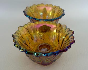 1970's Indiana Glass iridescent gold candle holder pair vintage carnival glass