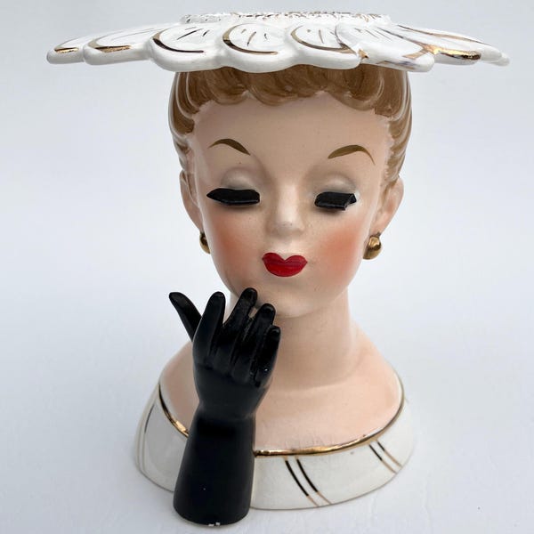 1950's Napco lady head vase with black gloved hand & hat vintage 5 3/8" woman figurine flower holder planter C 3282 B has EYE LASH CHIP