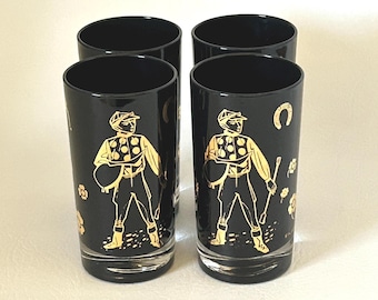 1950's-1960's set of 4 Fred Press Derby glasses vintage horse & jockey horse racing tumblers with gold trim mid century barware