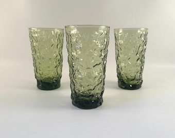 1970's set of 3 Anchor Hocking Milano glass tumblers vintage 5 1/2" tall avocado green crinkle or bumpy textured glasses