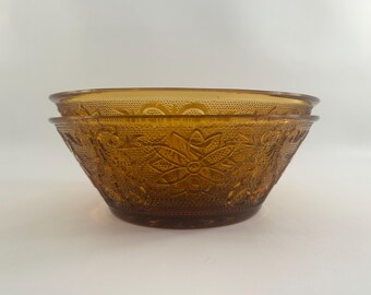 1970's-1990's Indiana Glass 8 1/2" large fruit bowl set of 2 golden yellow sandwich glass with floral pattern