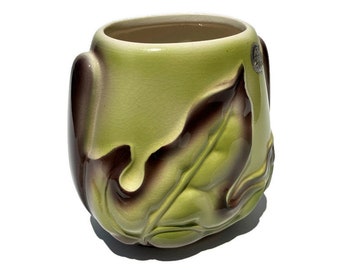 vintage 4 5/8" Royal Copley leaf vase with textured maple leaf in chartreuse & brown with original foil label HAS CRAZING and HAIRLINE crack