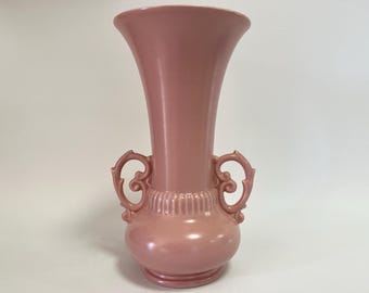 1940's deep pink Abingdon vase 8 7/8" tall vase with two handles vintage art pottery made in Illinois USA Abingdon 520 mold