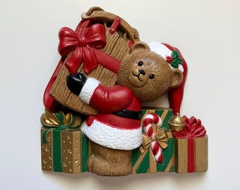 vintage 1990's Christmas Teddy bear in Santa suit with gifts wall plaque retro 3D wall hanging by Homco Burwood Products made in USA