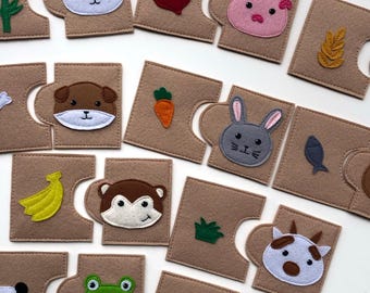 Felt memory puzzle game, Animals and Their food Matching Cards, Educational toys for kids, Travel Toys for toddlers, kids quiet game